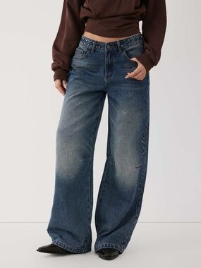 Cider Stud-Trim Wide Leg Jeans in Faded Blue Denim